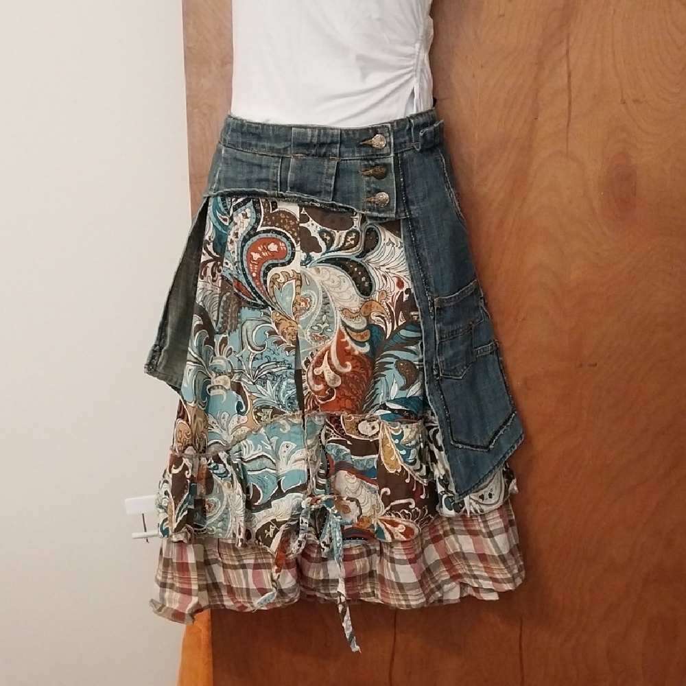 O'dear Euro Denim Patchwork Skirt with Paisley and Plaid